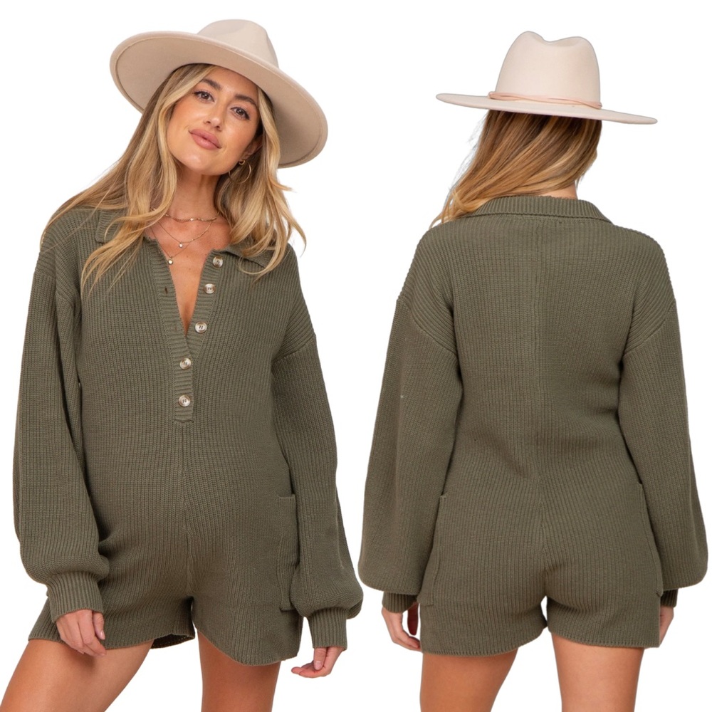 Olive Button Down Chunky Knit Sweater Romper Maternity Fall Jumper Boho Indie